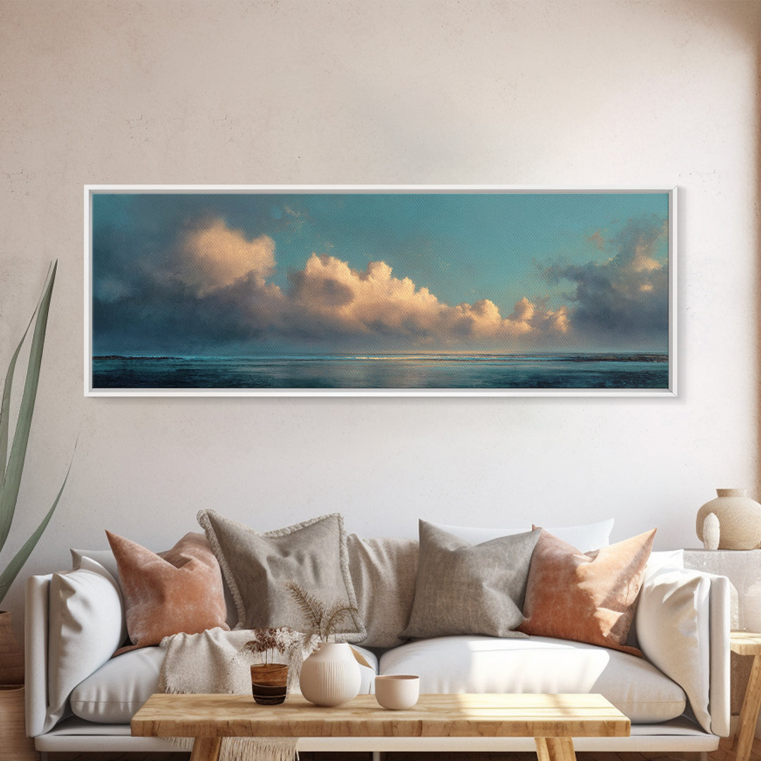 Tranquil Cloudscape with Blush Undertones Canvas Print, Above Bed Art, Horizontal Wall Art, Bedroom Decor, Fine Art, Serenity, ABA-3x1-21