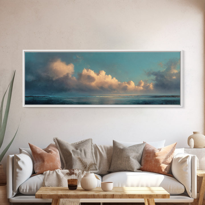 Tranquil Cloudscape with Blush Undertones Canvas Print, Above Bed Art, Horizontal Wall Art, Bedroom Decor, Fine Art, Serenity, ABA-3x1-21