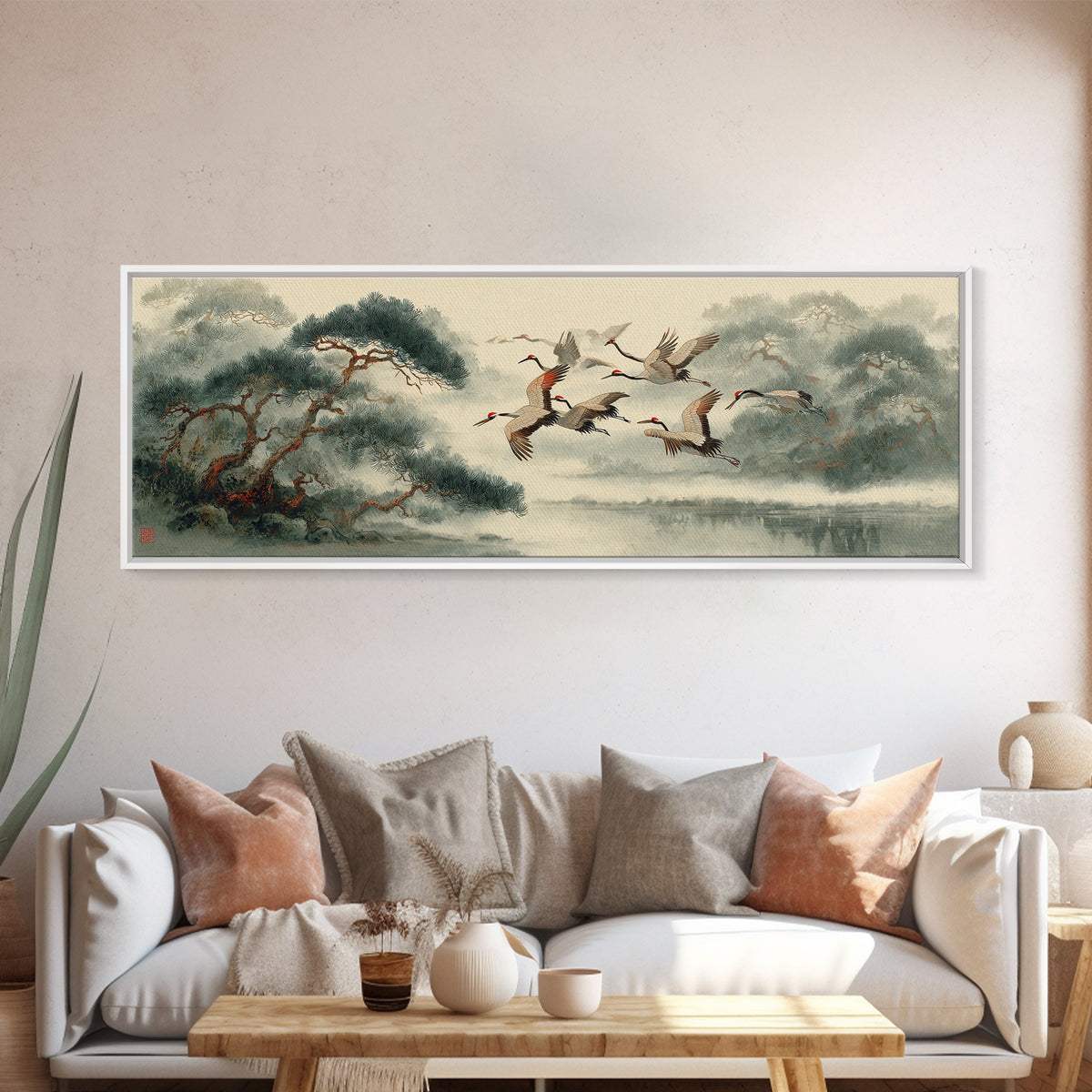 Ethereal Cranes Flying Through Pale Morning Mist Canvas Print, Above Bed Art, Dopamine Decor, Bedroom Decor, Abstract Art, ABA-3x1-25