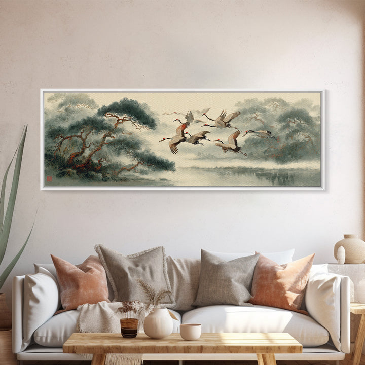 Ethereal Cranes Flying Through Pale Morning Mist Canvas Print, Above Bed Art, Dopamine Decor, Bedroom Decor, Abstract Art, ABA-3x1-25