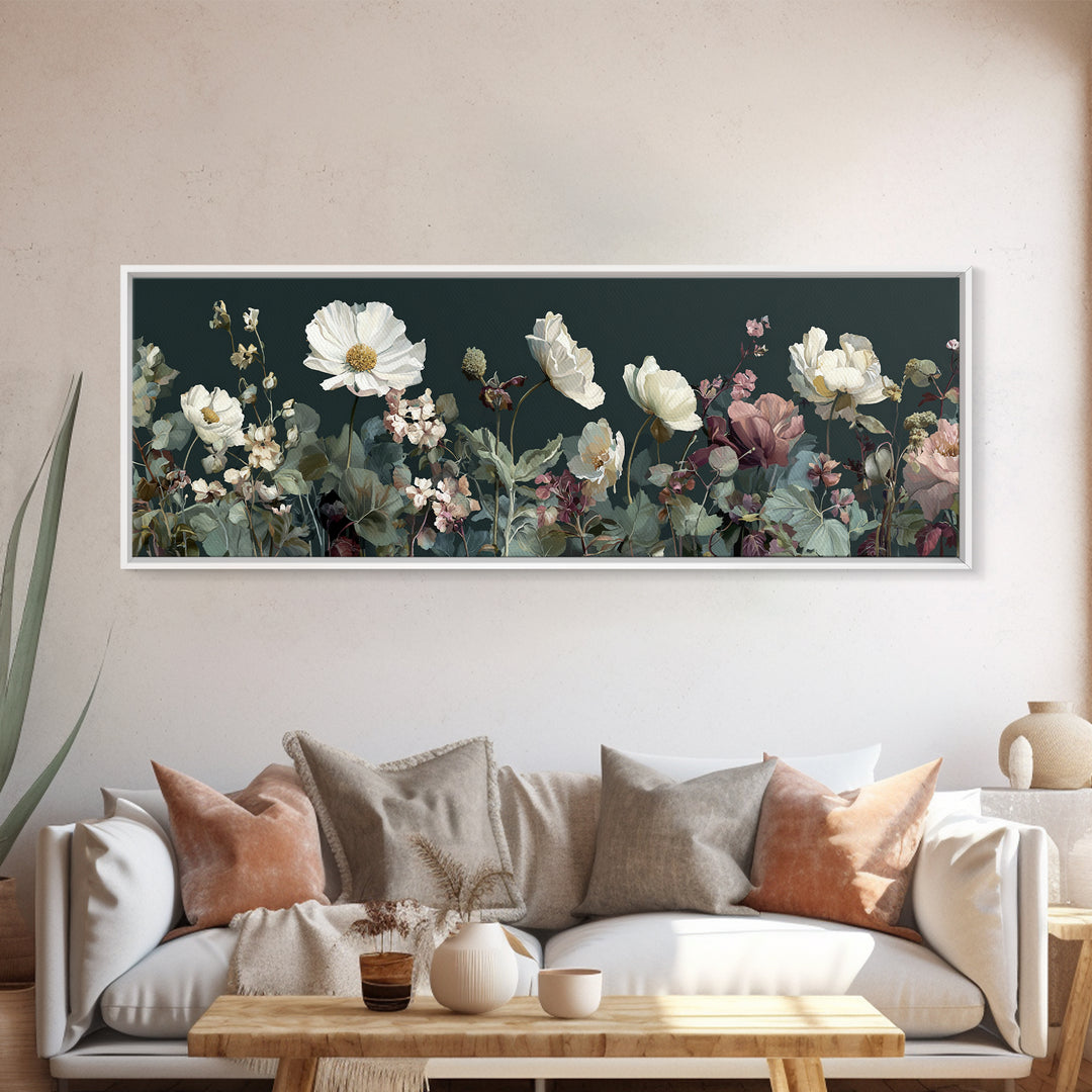 Wide Meadow of Muted Wildflowers at Dusk Canvas Print, Above Bed Art, Bedroom Decor, Serenity, Boho Decor, Western Decor, ABA-3x1-26