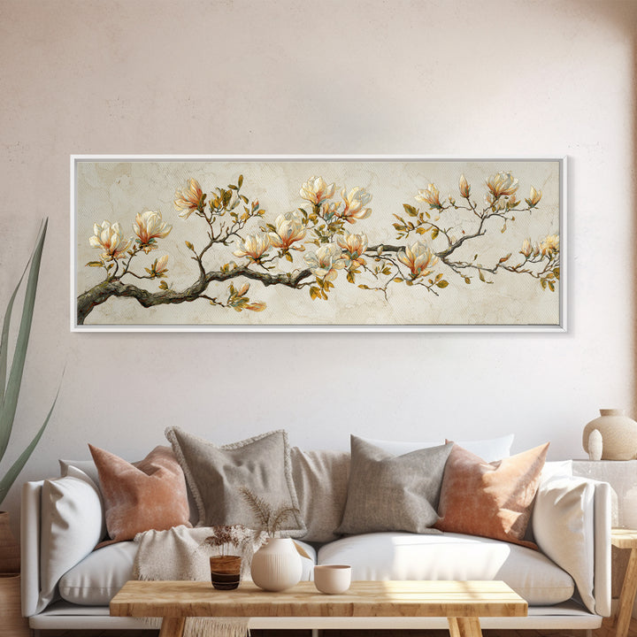 Delicate Magnolia Branch on Cream Background Framed Canvas Print, Above Bed Art, Bedroom Wall Decor, Bedroom Decor, Serenity, ABA-3x1-32