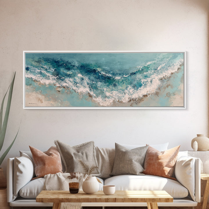 Serene Ocean Tide Seen from Above Framed Canvas Print, Above Bed Art, Whimsical Decor, Bedroom Decor, Fine Art, Serenity, ABA-3x1-37