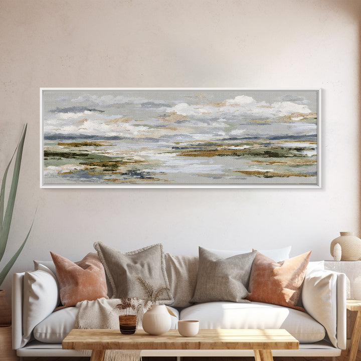 Tranquil Cloudscape with Blush Undertones Canvas Print, Above Bed Art, Horizontal Wall Art, Bedroom Decor, Fine Art, Serenity, ABA-3x1-45