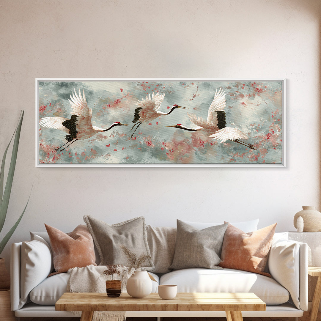 Ethereal Cranes Flying Through Pale Morning Mist Canvas Print, Above Bed Art, Dopamine Decor, Bedroom Decor, Abstract Art, ABA-3x1-49