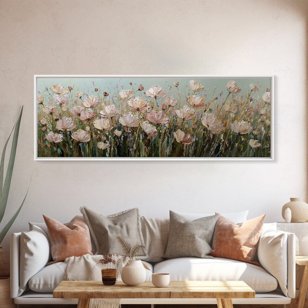 Wide Meadow of Muted Wildflowers at Dusk Canvas Print, Above Bed Art, Bedroom Decor, Serenity, Boho Decor, Western Decor, ABA-3x1-50