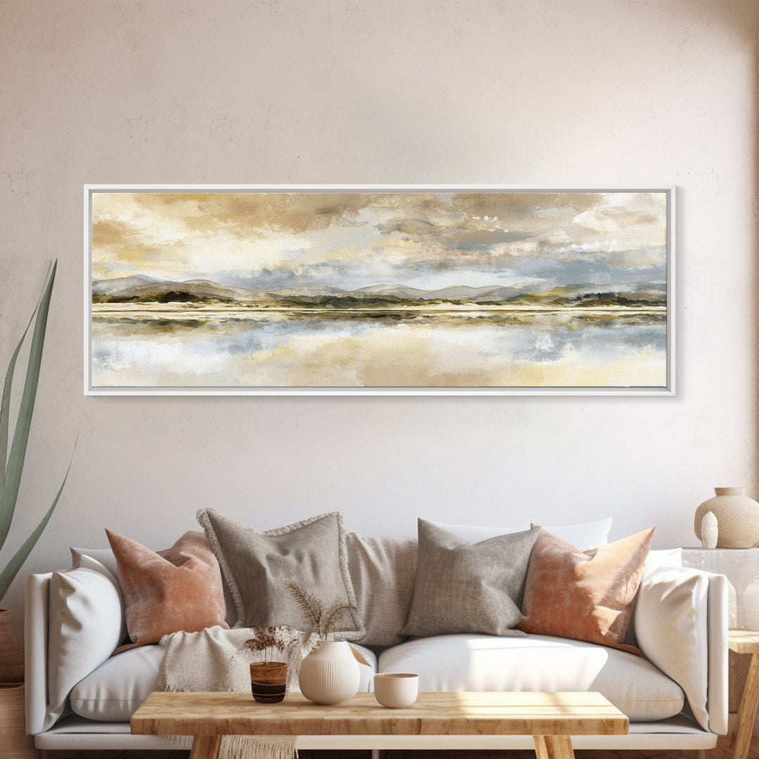 Calming Lake Reflection Framed Canvas Print, Above Bed Art, Printable Wall Art, Bedroom Decor, Oil Painting, Serenity, ABA-3x1-51