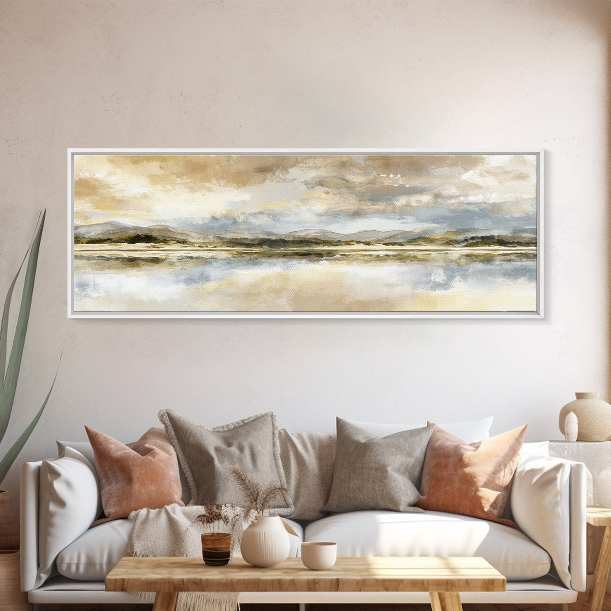 Calming Lake Reflection Framed Canvas Print, Above Bed Art, Printable Wall Art, Bedroom Decor, Oil Painting, Serenity, ABA-3x1-51