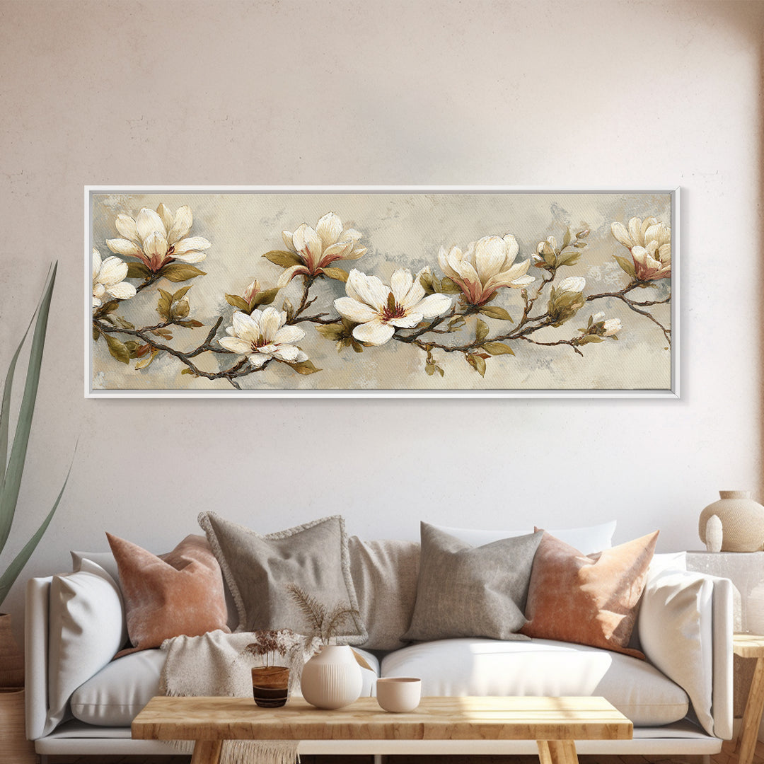 Delicate Magnolia Branch on Cream Background Canvas Print, Above Bed Art, Textured Painting, Bedroom Decor, Serenity, ABA-3x1-56