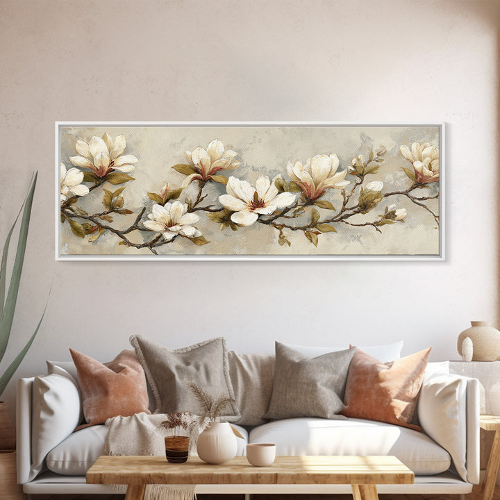 Delicate Magnolia Branch on Cream Background Canvas Print, Above Bed Art, Textured Painting, Bedroom Decor, Serenity, ABA-3x1-56