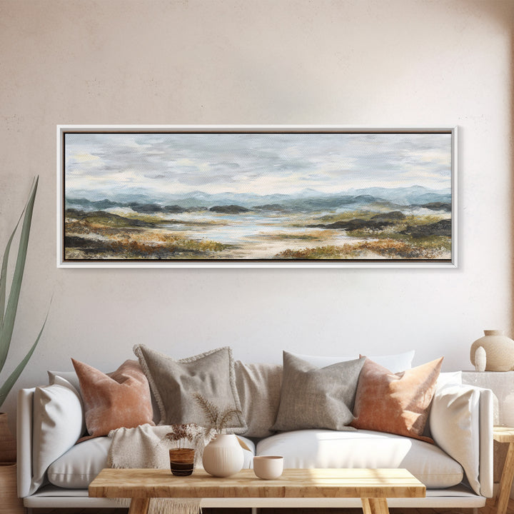 Soft Romantic Landscape Framed Canvas Print, Above Bed Art, Sage Green Wall Art, Bedroom Decor, Serenity, Modern Decor, ABA-3x1-57