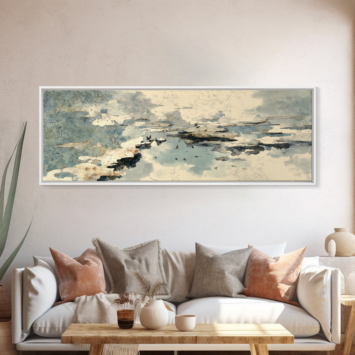 Japandi Ink Shapes Framed Canvas Print, Above Bed Art, Digital Print, Bedroom Decor, Fine Art, Serenity, Living Room Wall Art, ABA-3x1-58