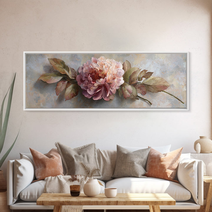 Romantic Oversized Peony Bloom on Warm Linen Canvas Print, Above Bed Art, Printable Art, Bedroom Decor, Abstract Art, Serenity, ABA-3x1-66