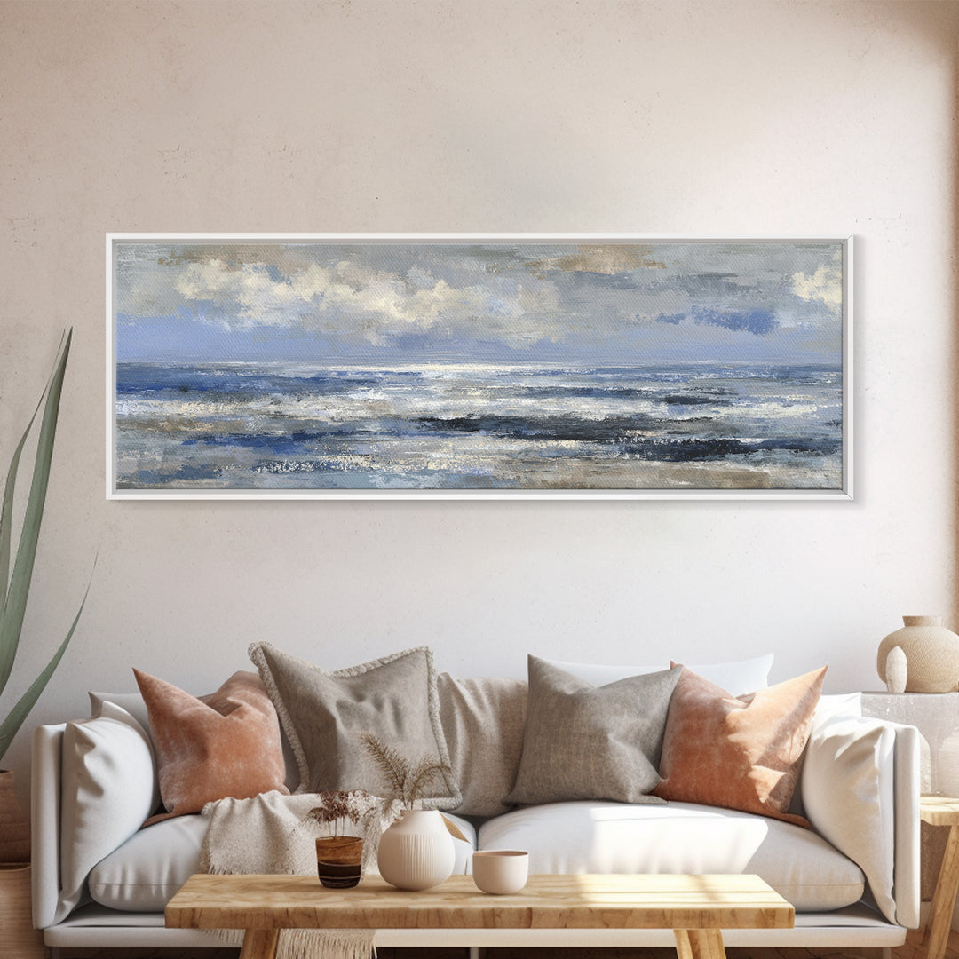 Quiet Moon over a Calm Ocean Horizon Framed Canvas Print, Above Bed Art, Large Wall Art, Bedroom Decor, Fine Art, Serenity, ABA-3x1-67