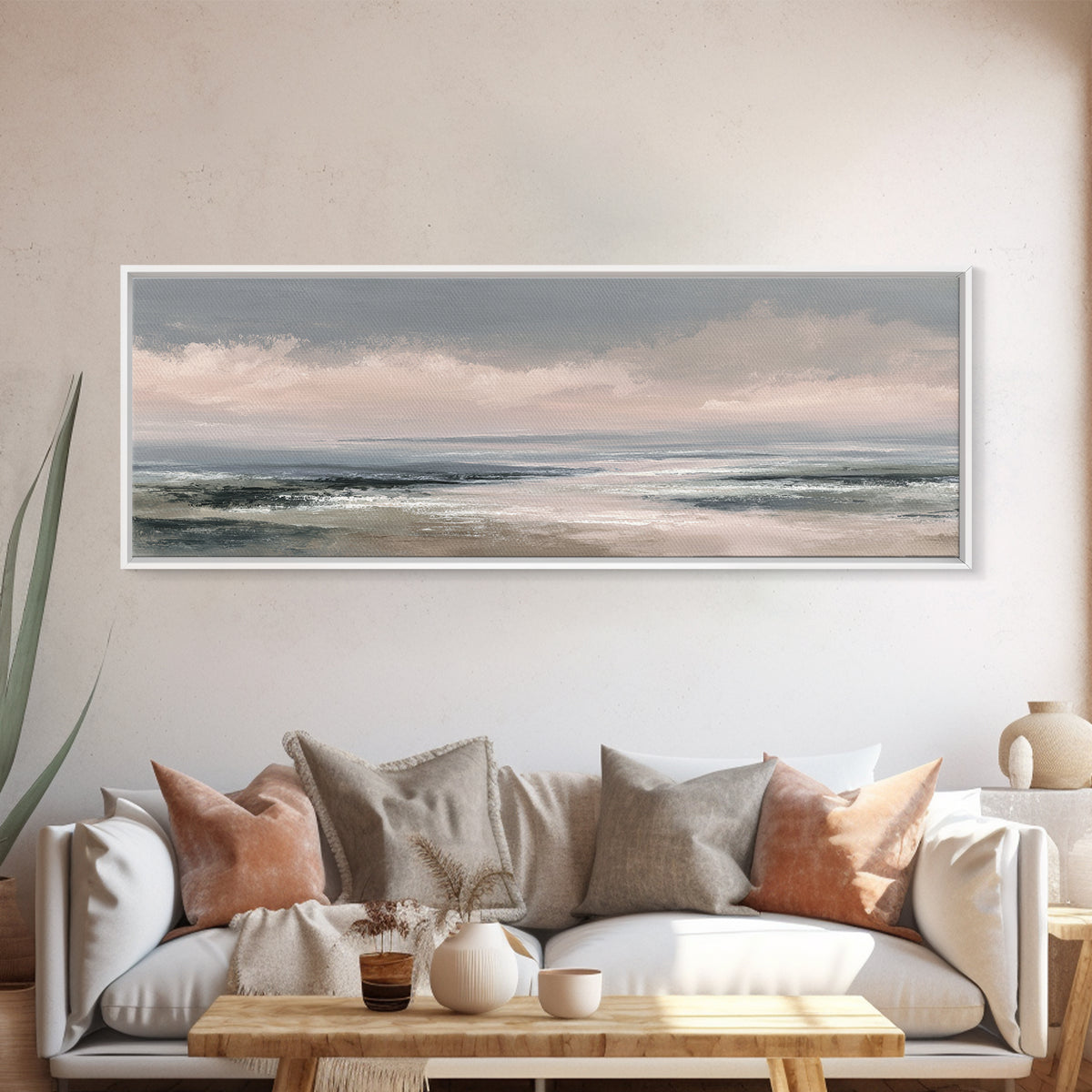 Tranquil Cloudscape with Blush Undertones Framed Canvas Print, Above Bed Art, Western Decor, Bedroom Decor, Fine Art, Serenity, ABA-3x1-69
