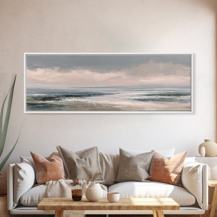 Tranquil Cloudscape with Blush Undertones Framed Canvas Print, Above Bed Art, Western Decor, Bedroom Decor, Fine Art, Serenity, ABA-3x1-69