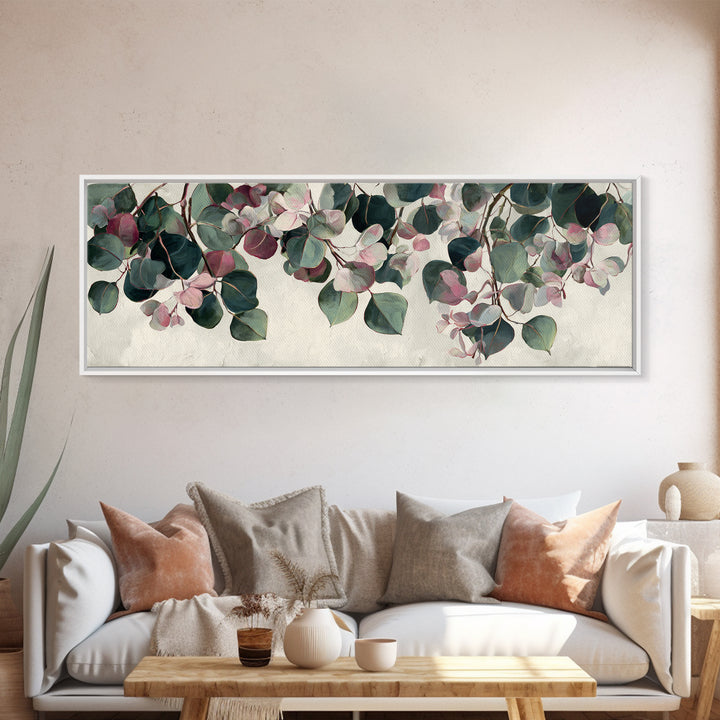 Soft Eucalyptus Branches Arranged Symmetrically Canvas Print, Above Bed Art, Art Print, Bedroom Decor, Watercolor Art, Serenity, ABA-3x1-70