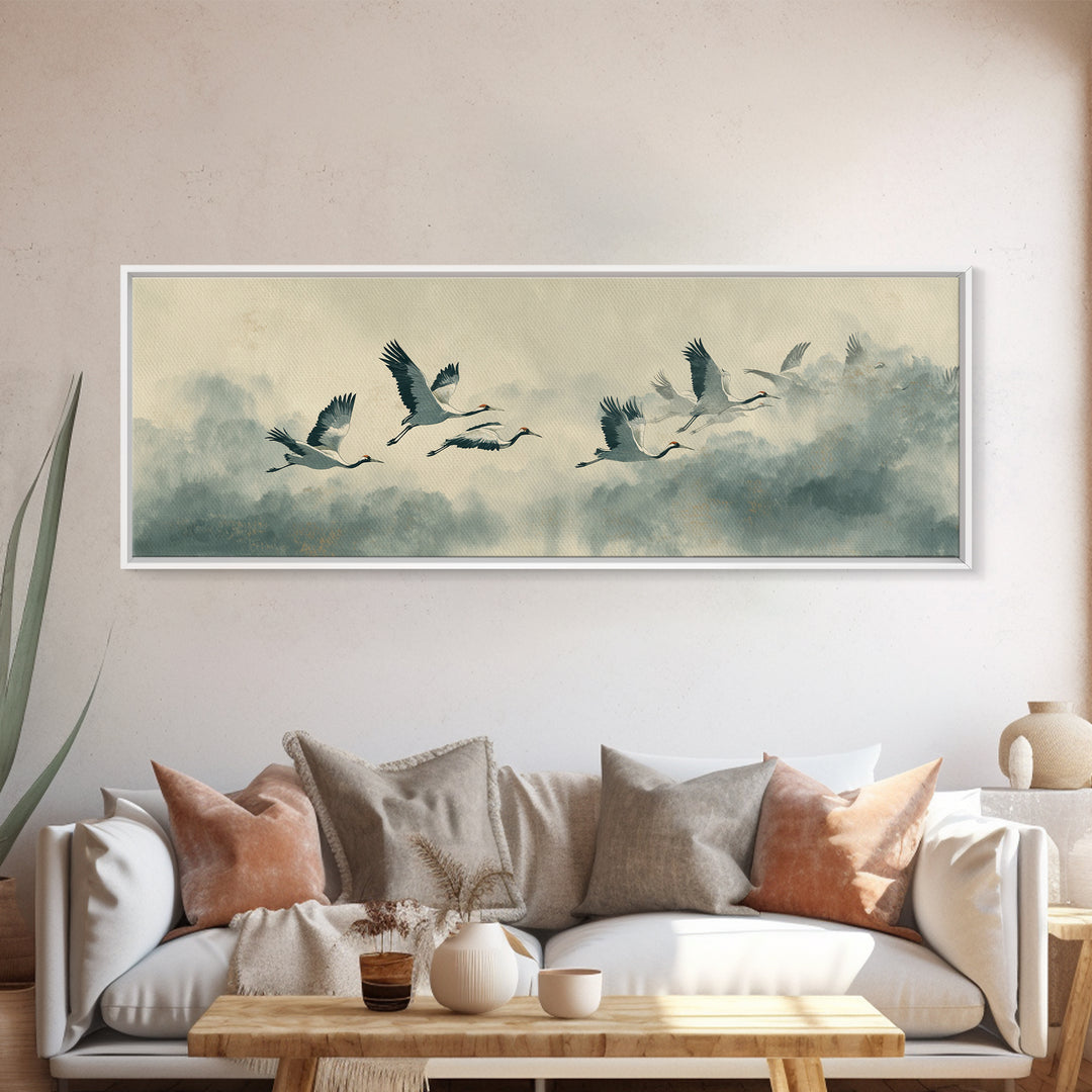 Ethereal Cranes Flying Through Pale Morning Mist Canvas Print, Above Bed Art, Living Room Wall Art, Bedroom Decor, Serenity, ABA-3x1-73