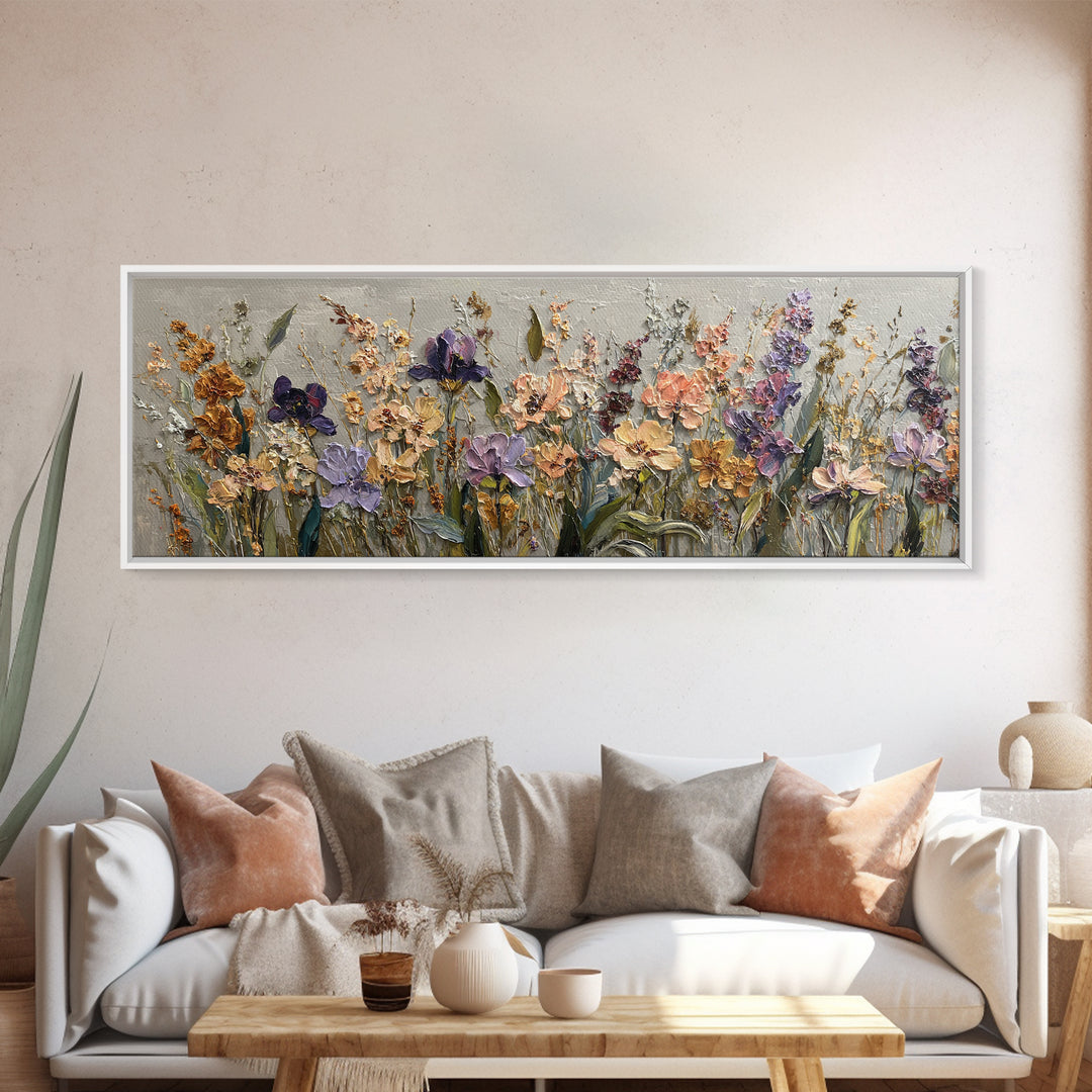 Wide Meadow of Muted Wildflowers at Dusk Framed Canvas Print, Above Bed Art, Whimsical Decor, Bedroom Decor, Fine Art, Serenity, ABA-3x1-74