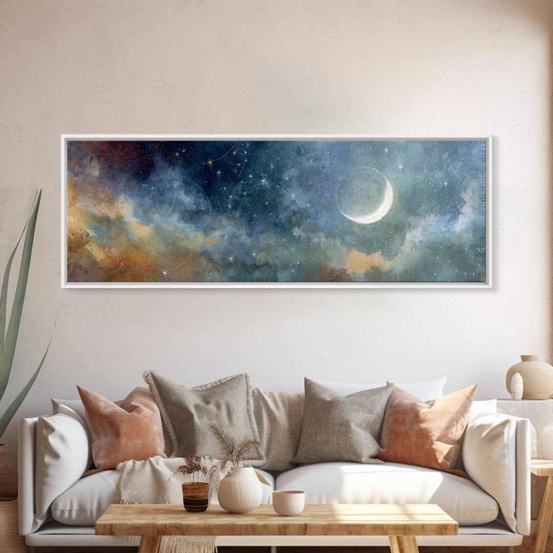 Subtle Celestial Scene Framed Canvas Print, Above Bed Art, Japanese Wall Art, Bedroom Decor, Fine Art, Serenity, Neutral Decor, ABA-3x1-77