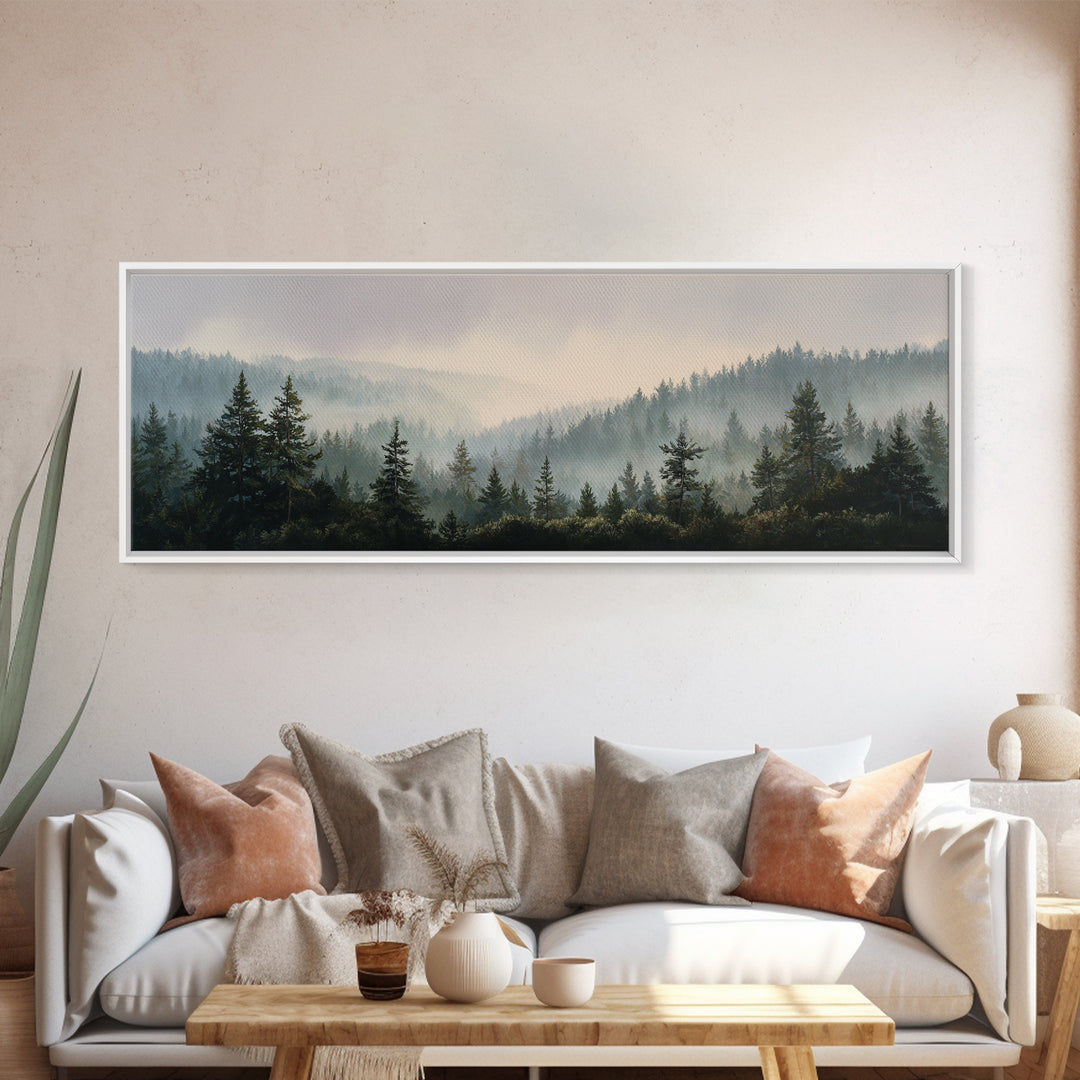 Quiet Forest Ridge Softened by Fog Canvas Print, Above Bed Art, Digital Prints, Bedroom Decor, Oil Painting, Serenity, ABA-3x1-78