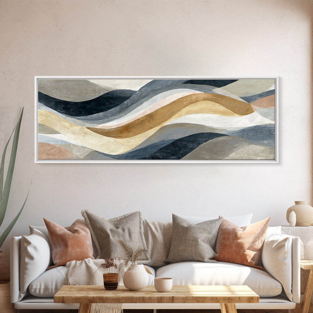 Warm Taupe Abstract Waves Framed Canvas Print, Above Bed Art, Bedroom Decor, Abstract Art, Serenity, Boho Decor, Western Decor, ABA-3x1-79