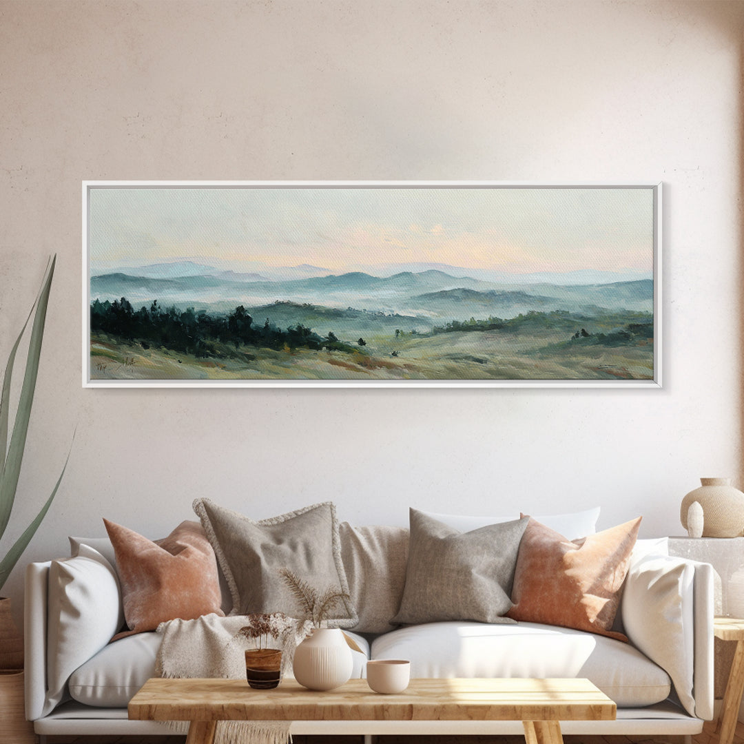 Soft Romantic Landscape Framed Canvas Print, Above Bed Art, Sage Green Wall Art, Bedroom Decor, Serenity, Modern Decor, ABA-3x1-81