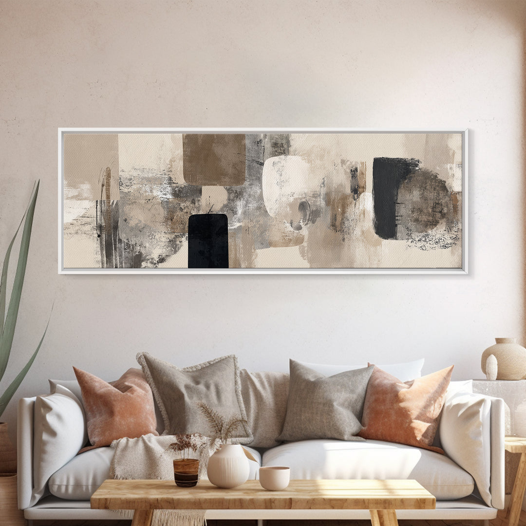 Japandi Ink Shapes Framed Canvas Print, Above Bed Art, Digital Print, Bedroom Decor, Fine Art, Serenity, Living Room Wall Art, ABA-3x1-82