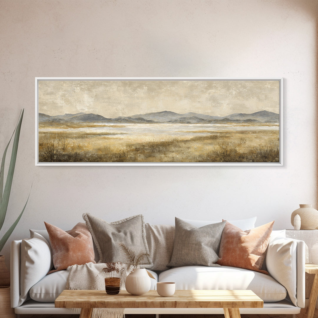 Panoramic Misty Mountain Landscape Framed Canvas Print, Above Bed Art, Bedroom Wall Decor, Bedroom Decor, Fine Art, Serenity, ABA-3x1-89
