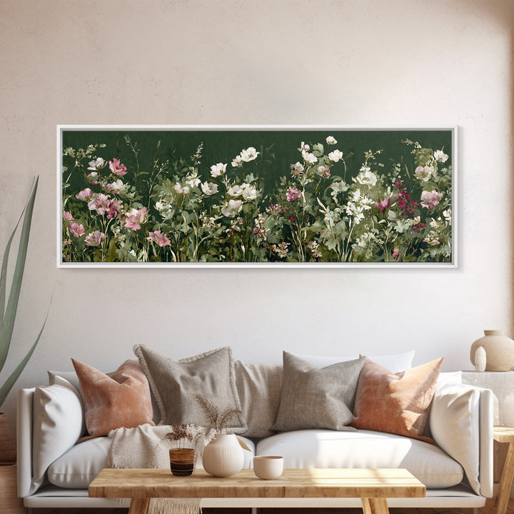 Wide Meadow of Muted Wildflowers at Dusk Canvas Print, Above Bed Art, Boho Wall Decor, Bedroom Decor, Oil Painting, Serenity, ABA-3x1-98