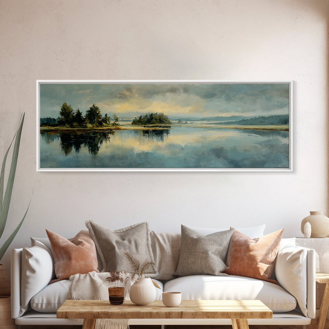 Calming Lake Reflection Framed Canvas Print, Above Bed Art, Bedroom Decor, Oil Painting, Serenity, Canvas Wall Art, ABA-3x1-99