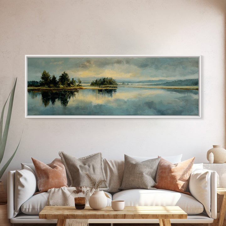 Calming Lake Reflection Framed Canvas Print, Above Bed Art, Bedroom Decor, Oil Painting, Serenity, Canvas Wall Art, ABA-3x1-99