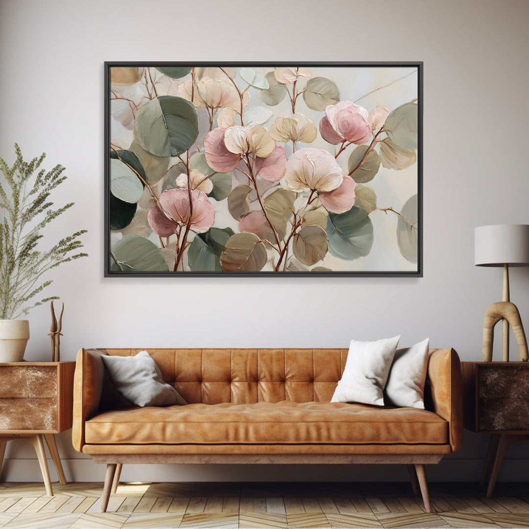 Soft Eucalyptus Branches Arranged Symmetrically Canvas Print, Above Bed Art, Textured Wall Art, Bedroom Decor, Serenity, ABA-3x2-10