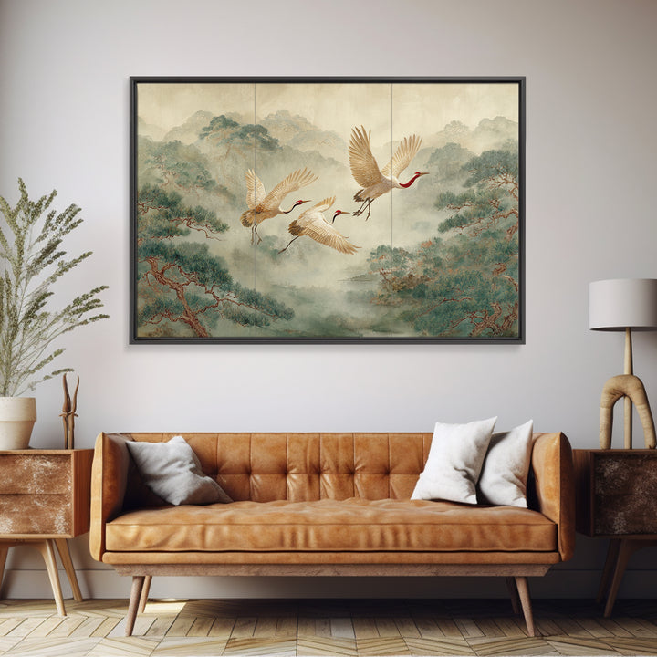 Ethereal Cranes Flying Through Pale Morning Mist Canvas Print, Above Bed Art, Living Room Decor, Bedroom Decor, Serenity, ABA-3x2-13
