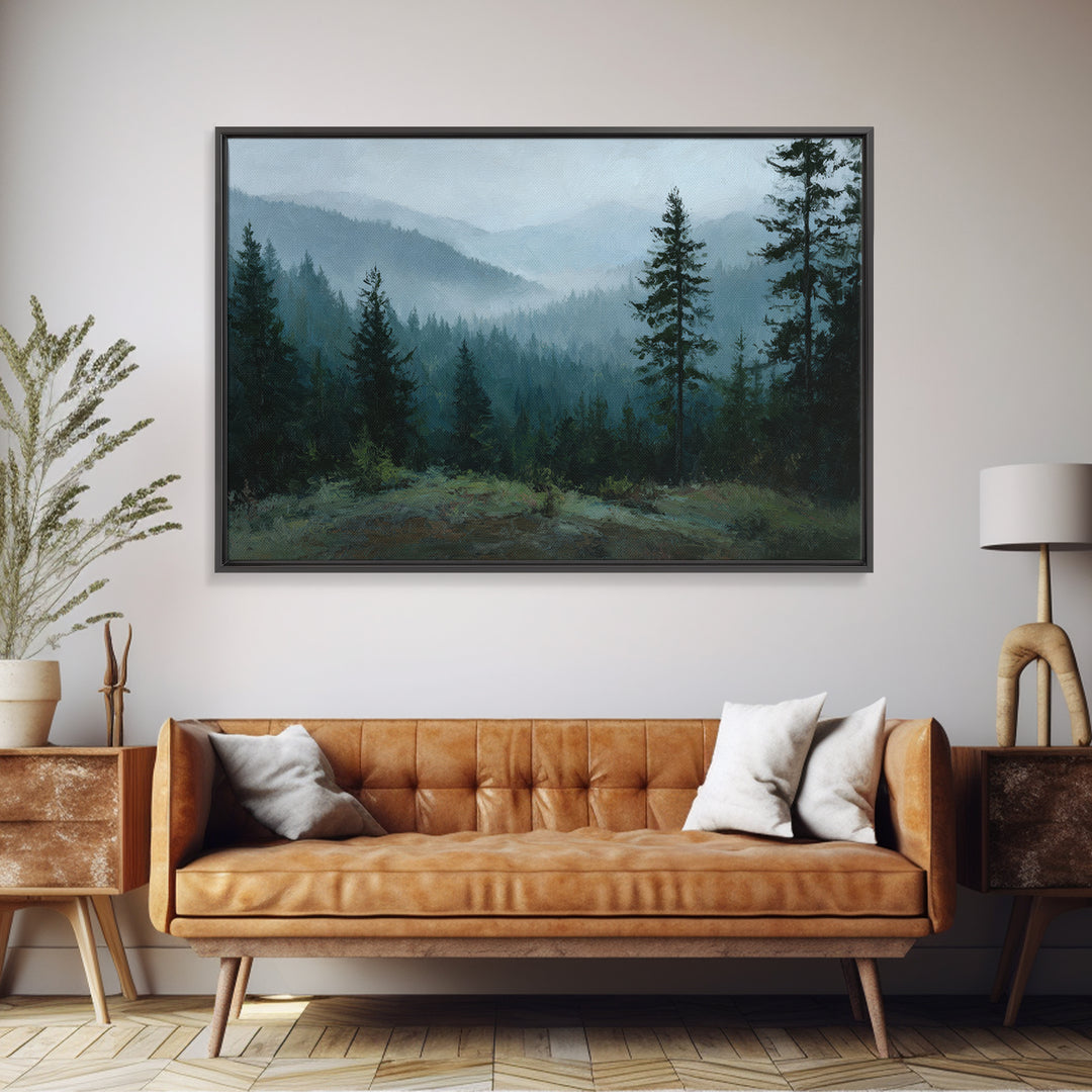 Quiet Forest Ridge Softened by Fog Framed Canvas Print, Above Bed Art, Large Wall Art, Bedroom Decor, Fine Art, Serenity, ABA-3x2-18