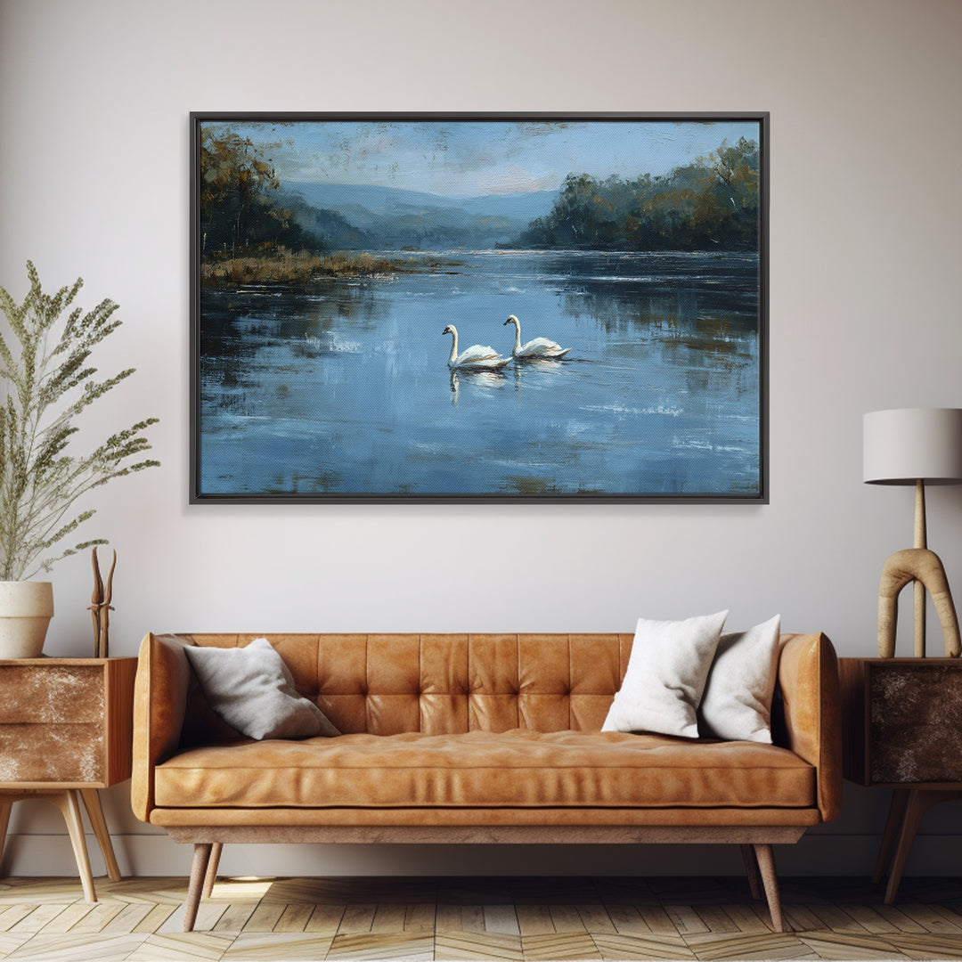Paired Swans in a Dreamy Painterly Lake Framed Canvas Print, Above Bed Art, Printable Wall Art, Bedroom Decor, Serenity, ABA-3x2-2