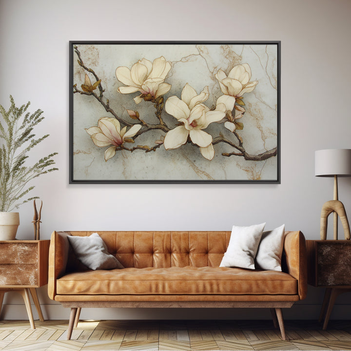 Delicate Magnolia Branch on Cream Background Framed Canvas Print, Above Bed Art, Printable Art, Bedroom Decor, Watercolor Art, ABA-3x2-20