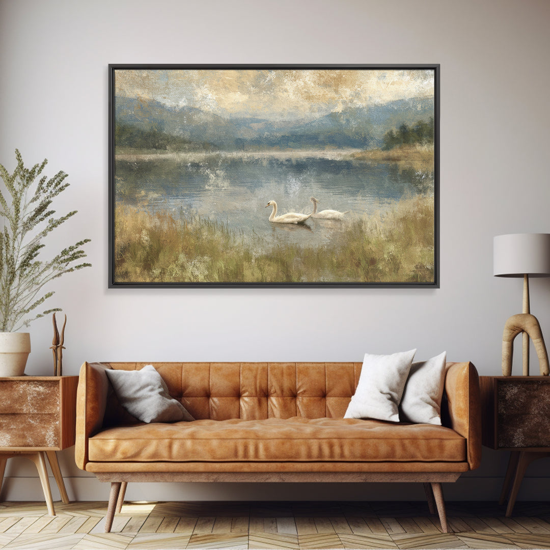 Paired Swans in a Dreamy Painterly Lake Canvas Print, Above Bed Art, Canvas Wall Art, Bedroom Decor, Watercolor Art, Serenity, ABA-3x2-26