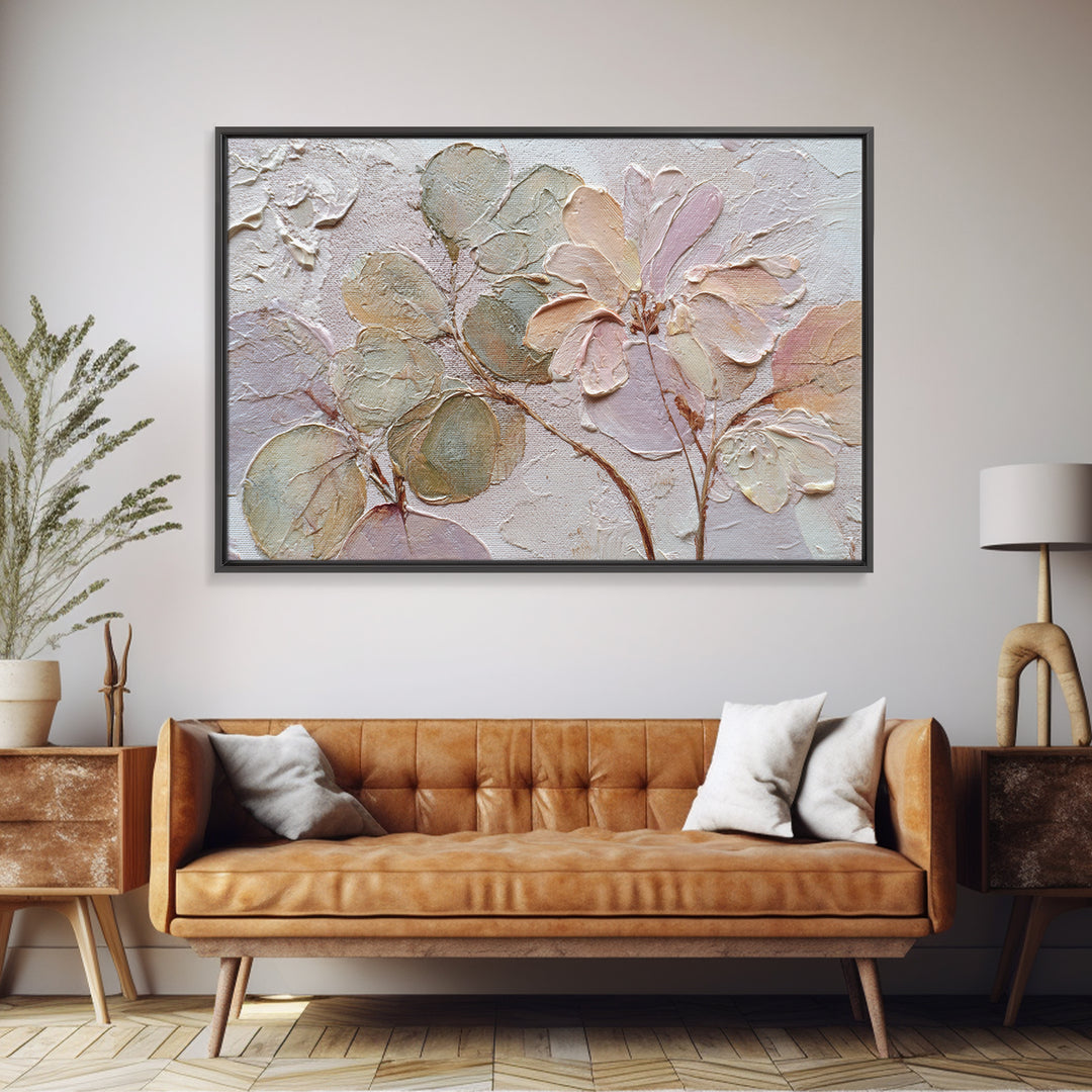 Tonal Botanical Shadows on Plaster Surface Framed Canvas Print, Above Bed Art, Dopamine Decor, Bedroom Decor, Serenity, ABA-3x2-27
