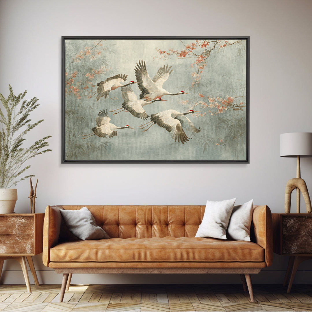Ethereal Cranes Flying Through Pale Morning Mist Canvas Print, Above Bed Art, Sage Green Wall Art, Bedroom Decor, Oil Painting, ABA-3x2-37