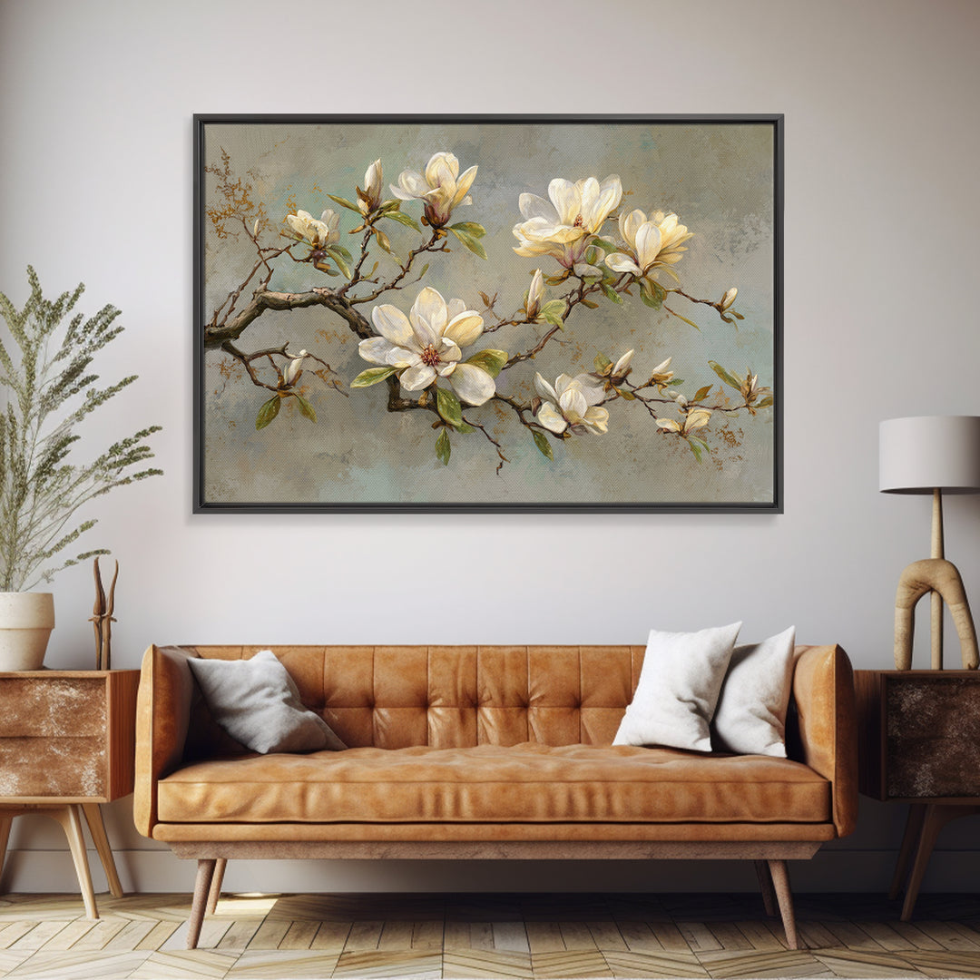 Delicate Magnolia Branch on Cream Background Canvas Print, Above Bed Art, Japanese Wall Art, Bedroom Decor, Fine Art, Serenity, ABA-3x2-44