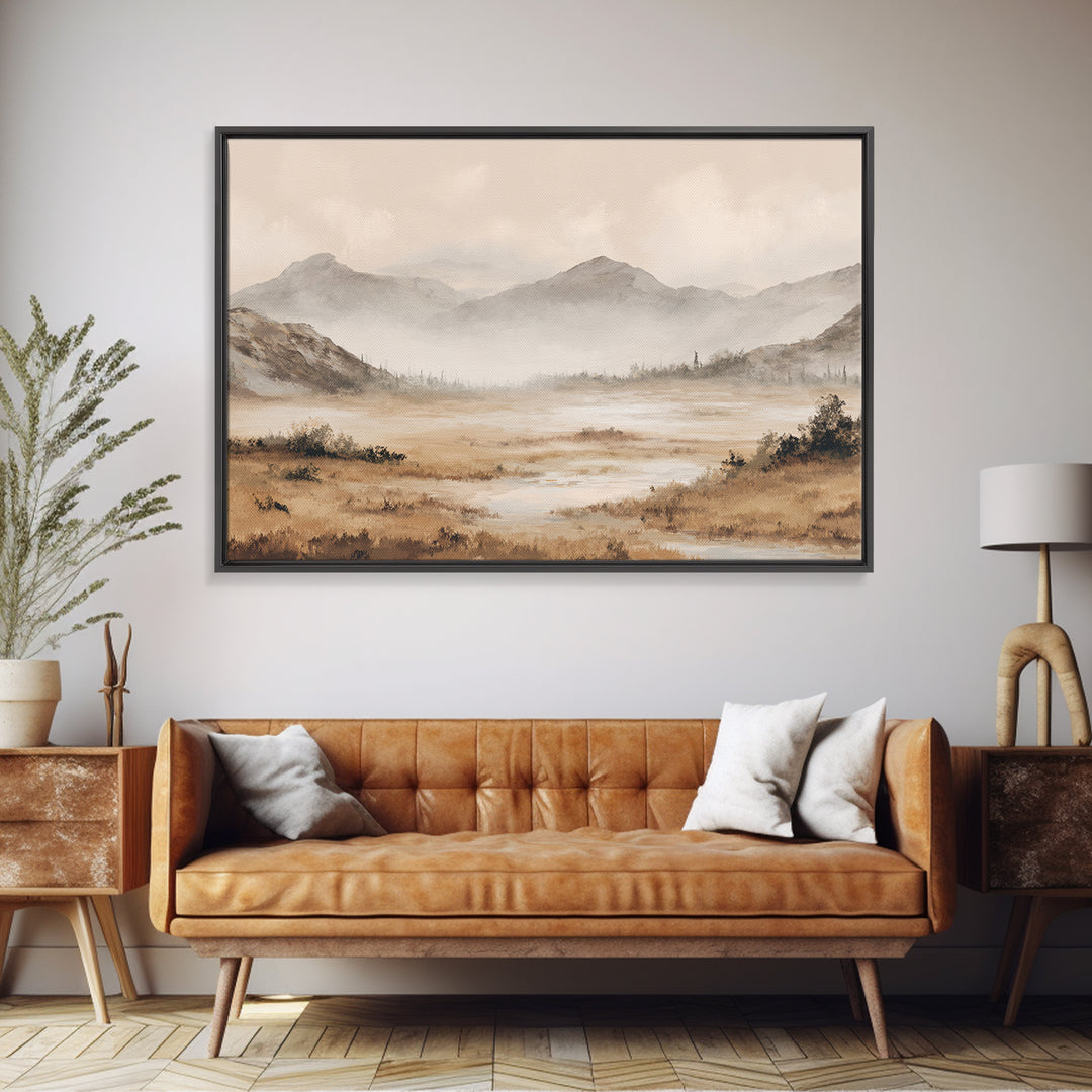 Panoramic Misty Mountain Landscape Framed Canvas Print, Above Bed Art, Dopamine Decor, Bedroom Decor, Oil Painting, Serenity, ABA-3x2-5