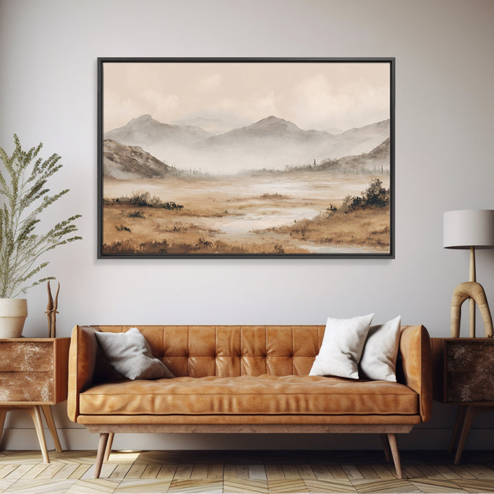 Panoramic Misty Mountain Landscape Framed Canvas Print, Above Bed Art, Dopamine Decor, Bedroom Decor, Oil Painting, Serenity, ABA-3x2-5