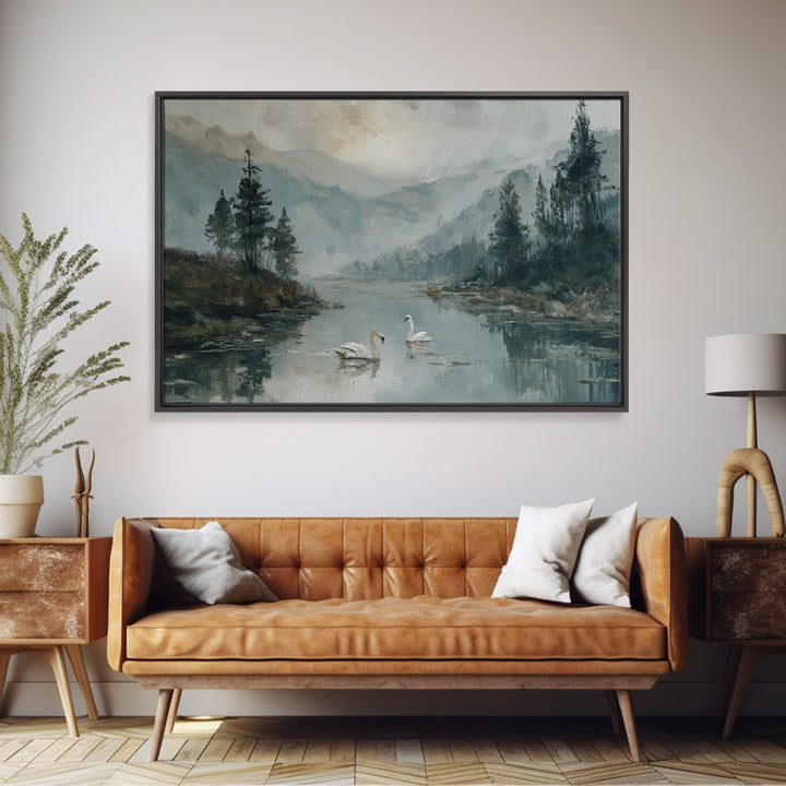 Paired Swans in a Dreamy Painterly Lake Framed Canvas Print, Above Bed Art, Living Room Decor, Bedroom Decor, Serenity, ABA-3x2-50