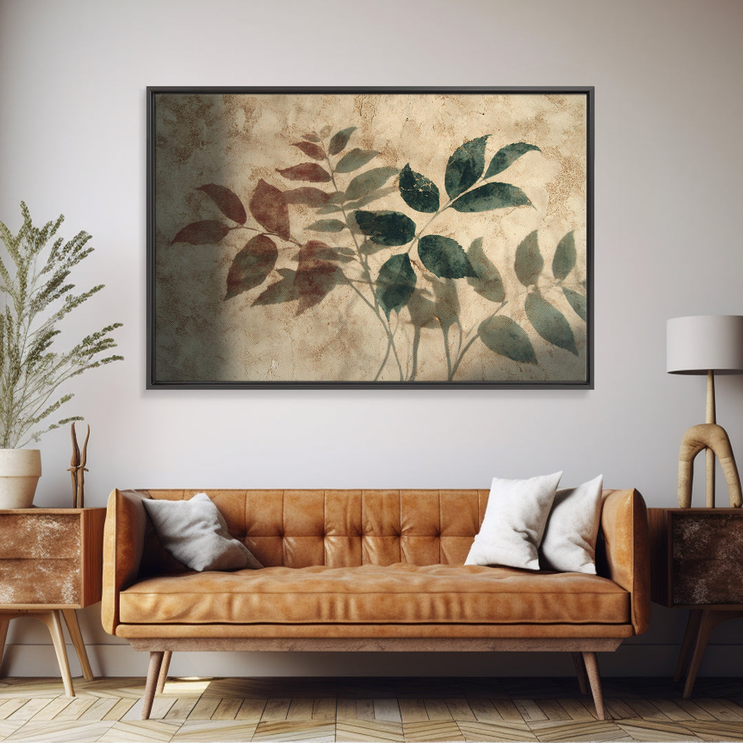 Tonal Botanical Shadows on Plaster Surface Canvas Print, Above Bed Art, Living Room Wall Art, Bedroom Decor, Oil Painting, ABA-3x2-51