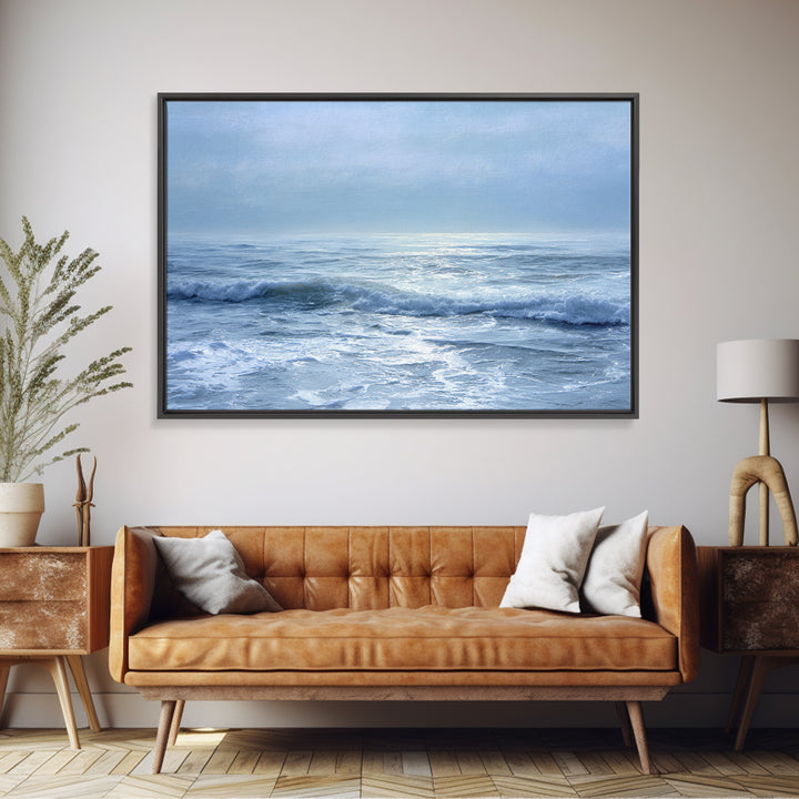 Quiet Moon over a Calm Ocean Horizon Framed Canvas Print, Above Bed Art, Digital Art, Bedroom Decor, Fine Art, Serenity, ABA-3x2-55