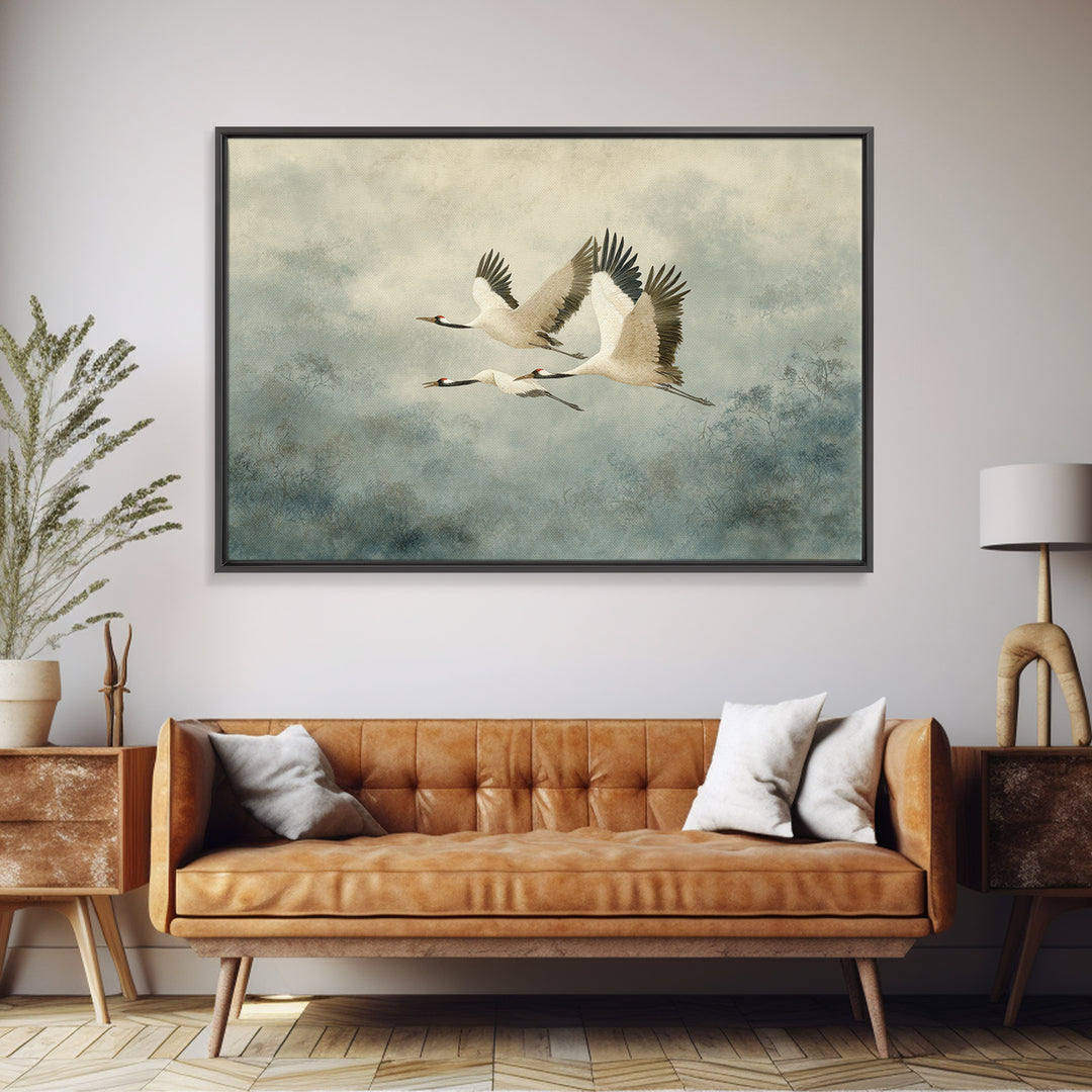Ethereal Cranes Flying Through Pale Morning Mist Canvas Print, Above Bed Art, Sage Green Wall Art, Bedroom Decor, Oil Painting, ABA-3x2-61