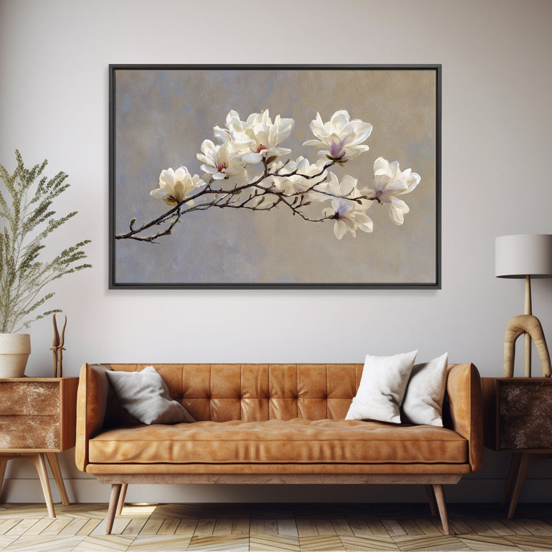 Delicate Magnolia Branch on Cream Background Canvas Print, Above Bed Art, Gallery Decor, Bedroom Decor, Oil Painting, Serenity, ABA-3x2-68