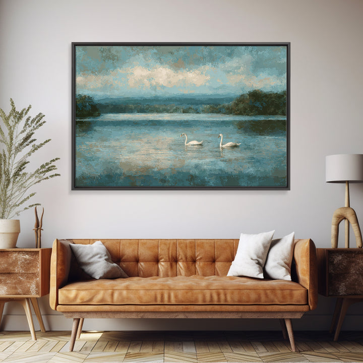 Paired Swans in a Dreamy Painterly Lake Framed Canvas Print, Above Bed Art, Living Room Decor, Bedroom Decor, Serenity, ABA-3x2-74
