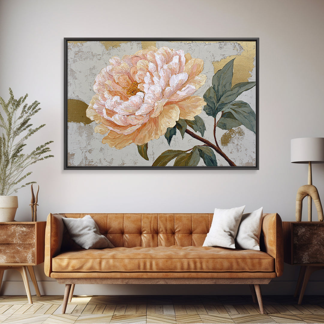 Romantic Oversized Peony Bloom on Warm Linen Framed Canvas Print, Above Bed Art, Boho Wall Decor, Bedroom Decor, Abstract Art, ABA-3x2-78